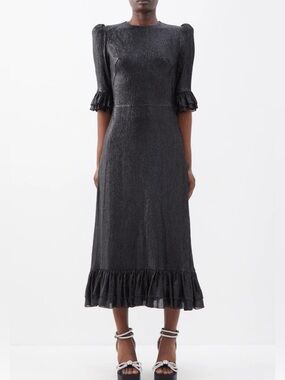 Women's Metallic Black Midi Dress with Ruffle Sleeves